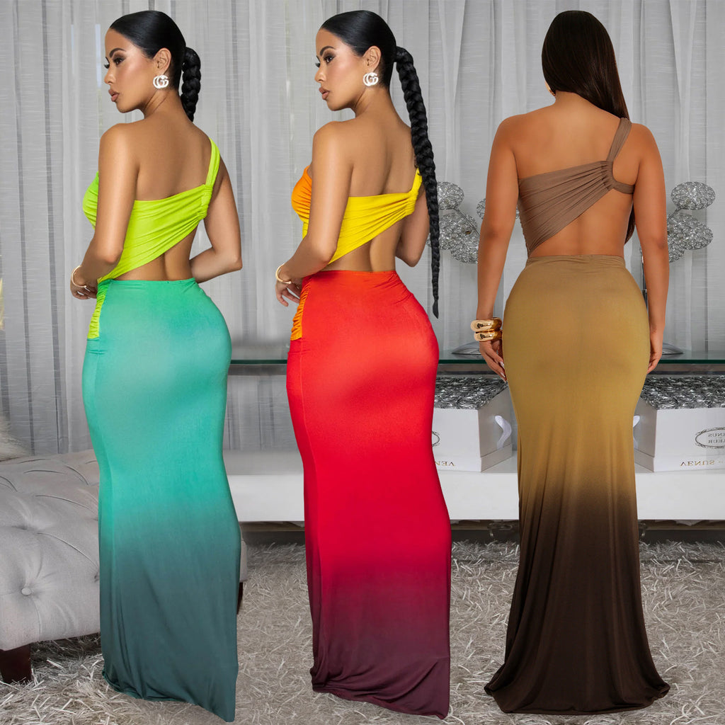 C7473    European and American fashion women's clothing summer sexy slanted shoulder bag arm gradual change dress