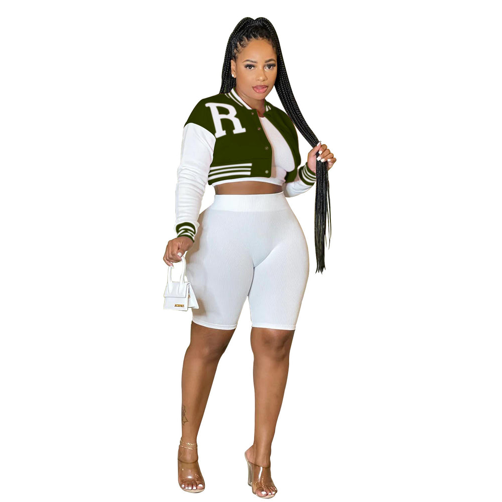 X6001 cross-border   fashion women's long-sleeved cropped jacket with lined shorts three-piece set