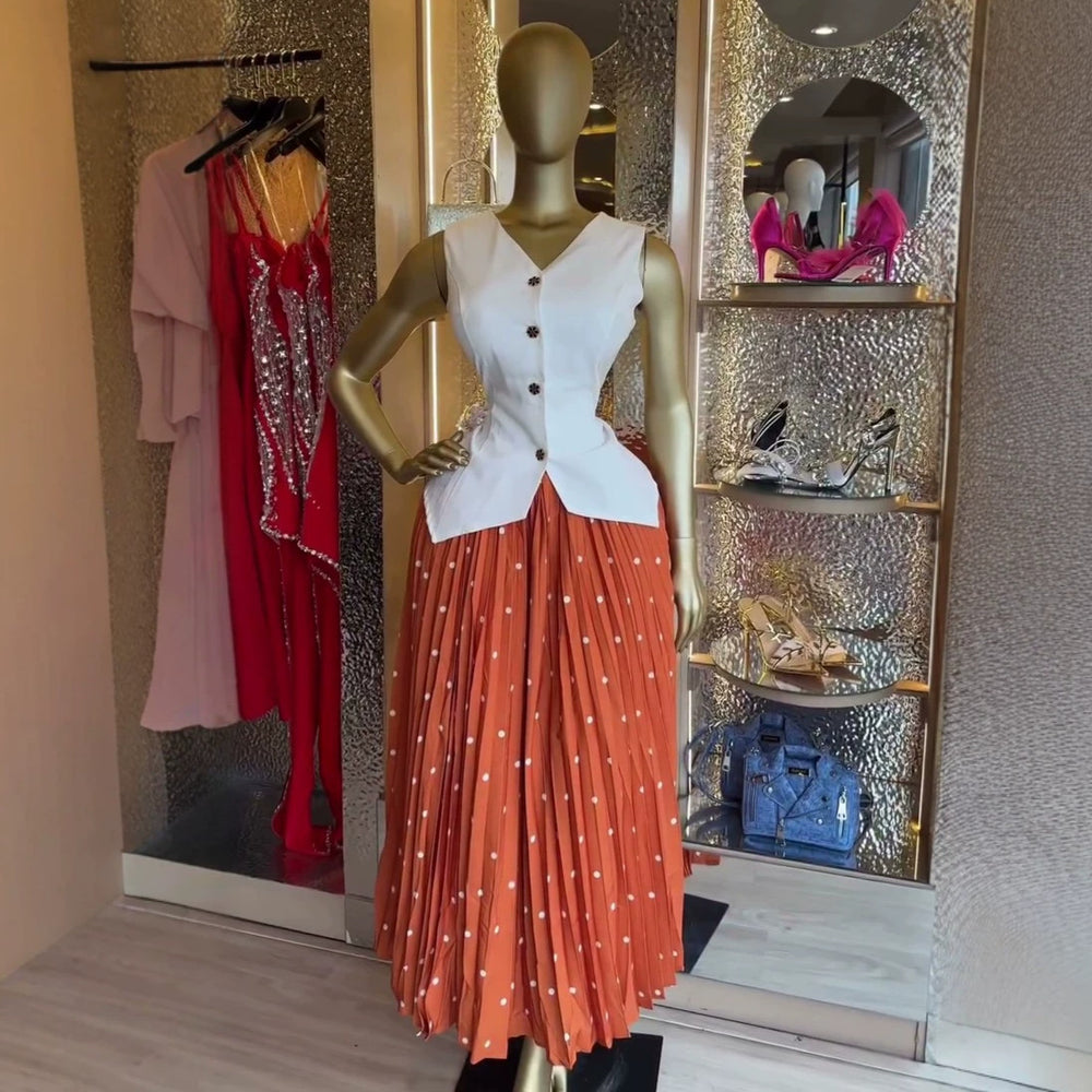 European and american cross-border women's fashion  summer new arrival: elegant v-neck sleeveless vest top and pleated midi skirt set
