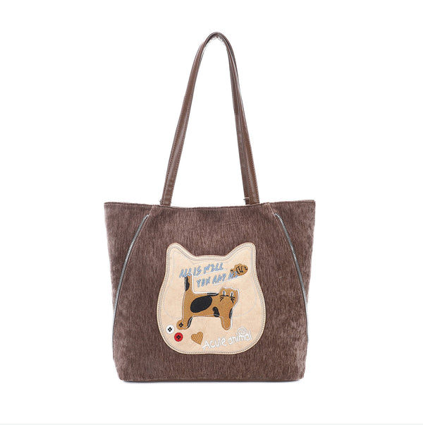 [Customized] Embroidered cat corduroy backpack fashionable versatile commuter tote bag Korean version large-capacity shoulder bag