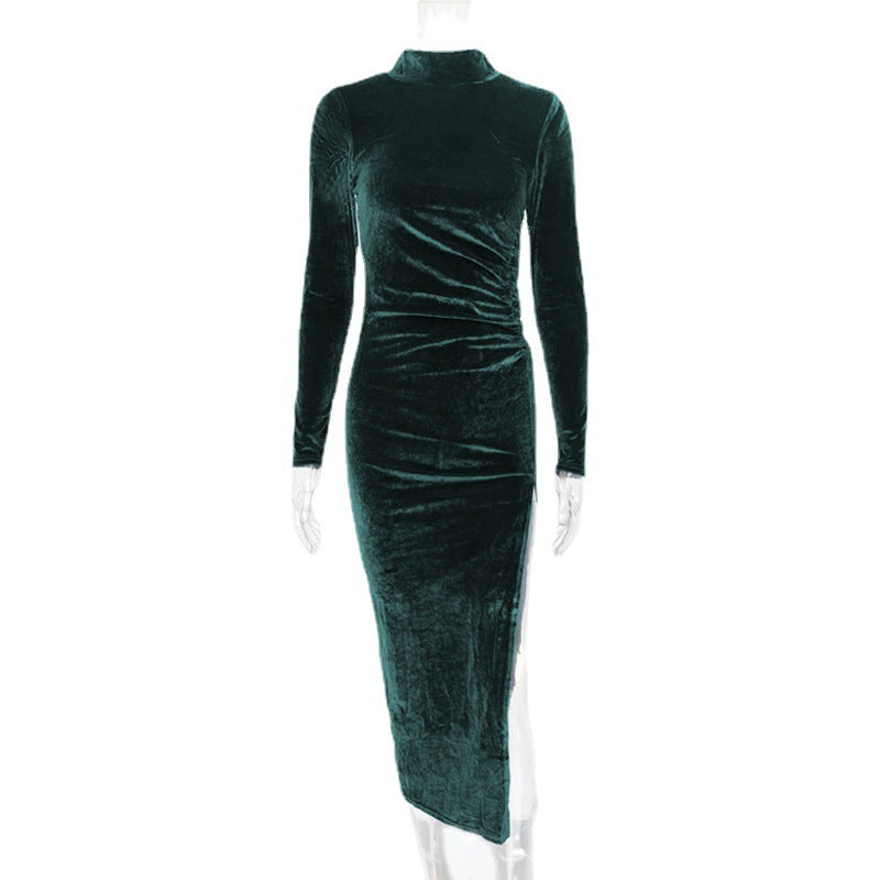 European and American fashion sexy dress skirt 2025 autumn and winter new elegant women's clothing turtleneck long-sleeved pleated split dress