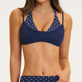 Customizable color block sports bra - faux two-piece halter yoga top with padded cups and printed design - style 4549