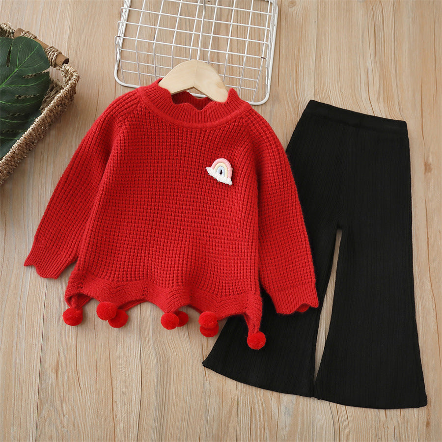 Dropshipping girls' knitted sweater two-piece set -  autumn/winter new collection - handmade floral pants outfit for baby girls