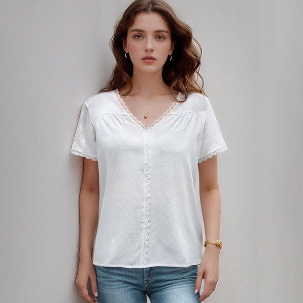 summer new European and American casual simple top  pullover fashion lace splicing white shirt women