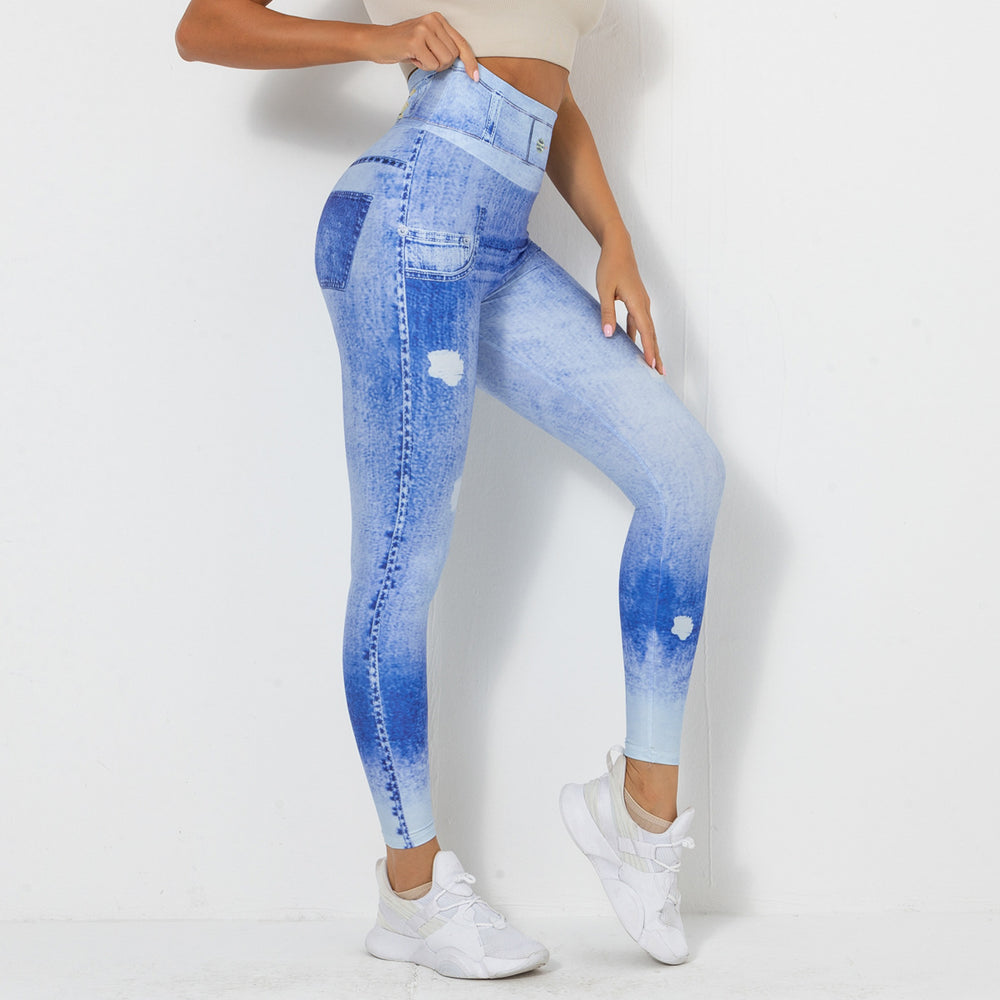 Clearance: european and american style digital print denim blue high-waisted, high-stretch, quick-dry yoga pants - women's activewear for running and fitness
