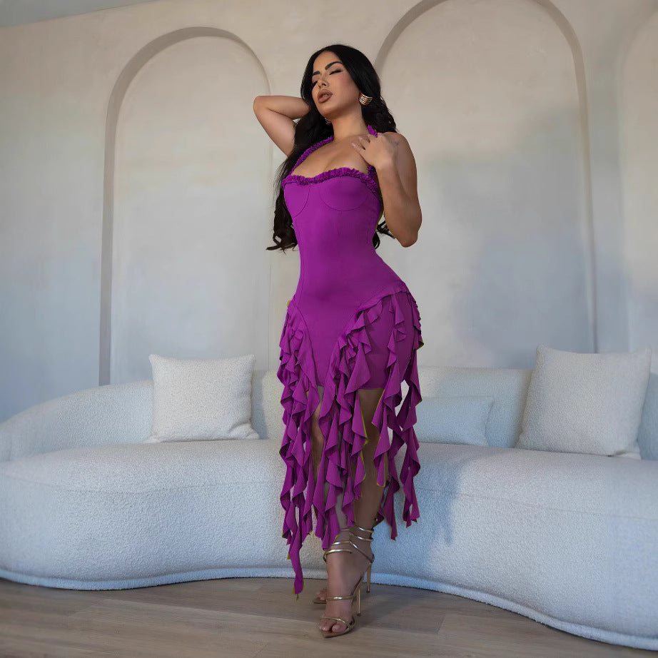 European and american new arrivals  women's sexy halter neck sleeveless open back asymmetrical tassel dress - export quality