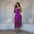 European and american new arrivals  women's sexy halter neck sleeveless open back asymmetrical tassel dress - export quality