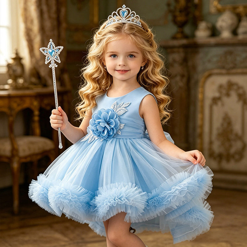 Baby girl's first birthday party dress, featuring a train, high-low hem, perfect for flower girls and princesses. cross-border, european and american style