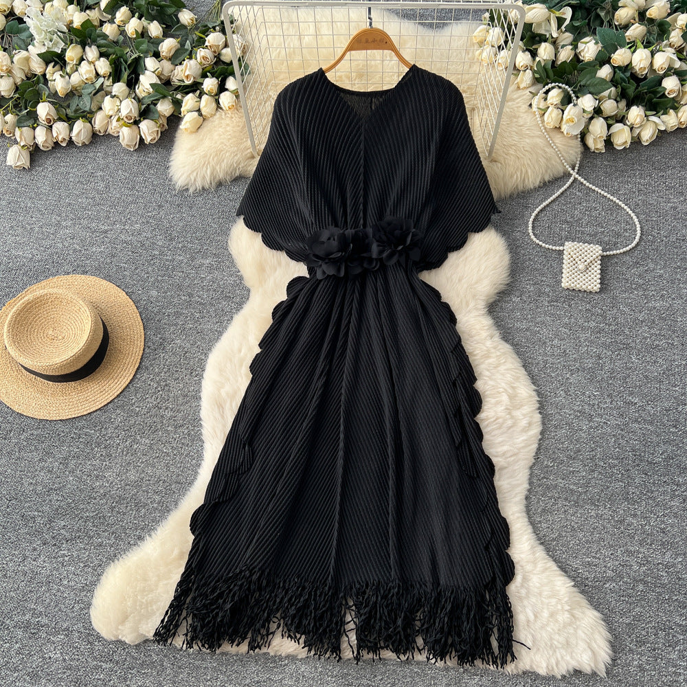 Fashion cross-border miyake pleated dress female v neck waist stereo flower decoration tassel long skirt elegantwork clothing