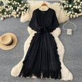 Fashion cross-border miyake pleated dress female v neck waist stereo flower decoration tassel long skirt elegantwork clothing