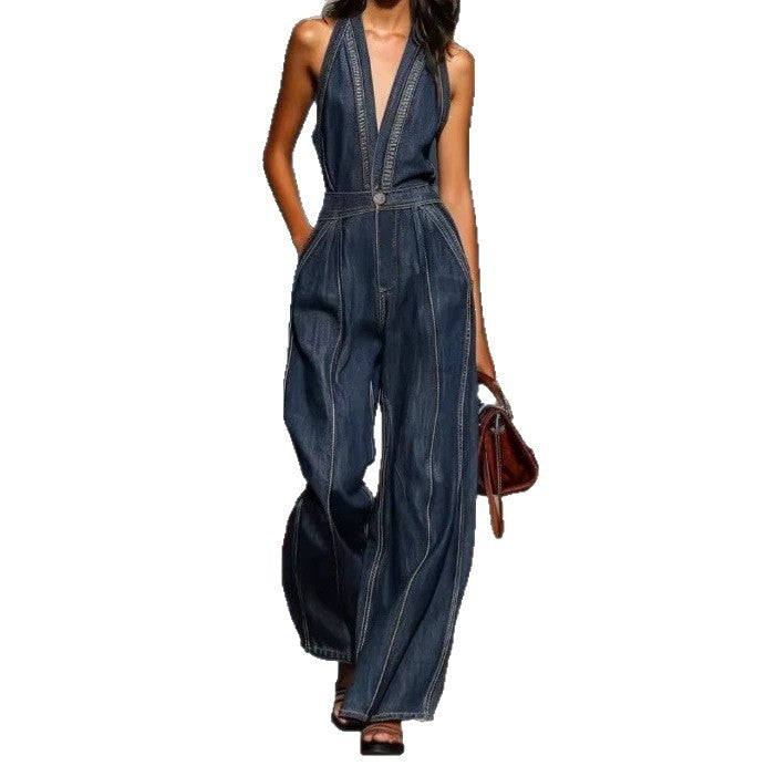 Amazon cross-border fashion cross-border tight waist silm elastic washed denim jumpsuit straight-legloose jumpsuit