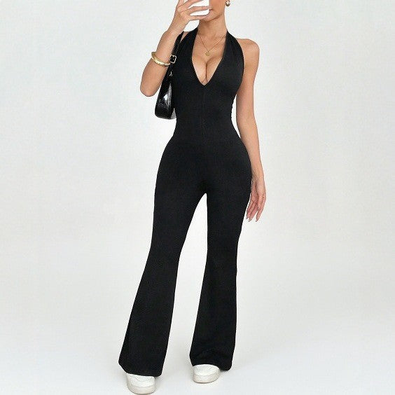Pre-sale  new European, American   solid color low-cut V-neck elastic tight sexy sleeveless jumpsuit