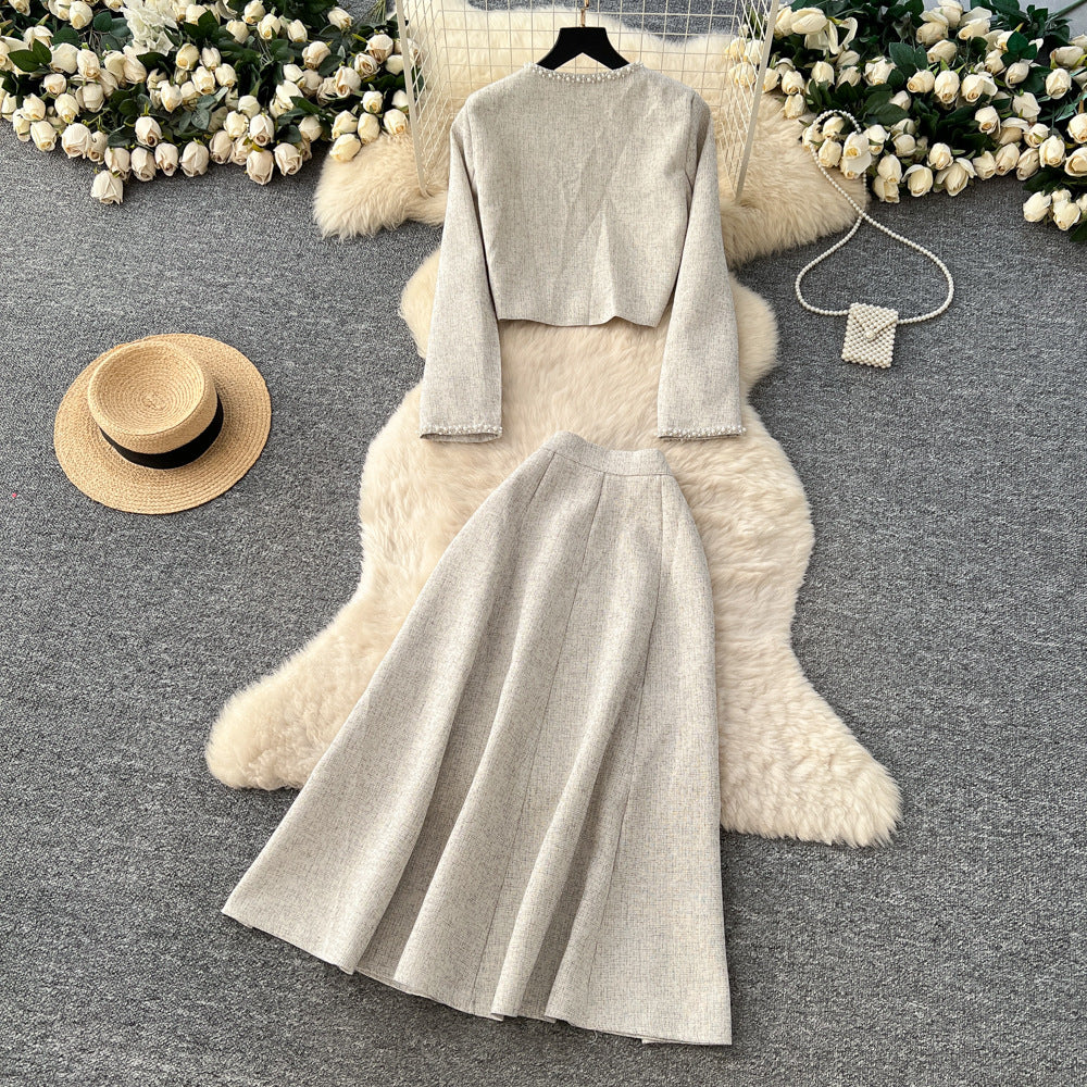 Xiaoxiangfengwork clothingtwo-piece setfemaleautumclassy sense metal bucklecardiganhigh waistelegant skirtsuit