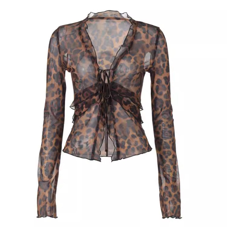 European and American ins women's clothing 2024 summer new fashion sexy mesh see-through cardigan strap leopard print T-shirt tide wholesale
