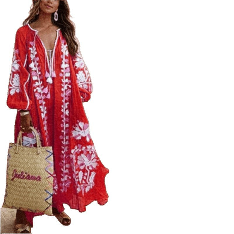 fashion  women's fashionlooselong sleevestie backv neckprinting large swing dress women's dress