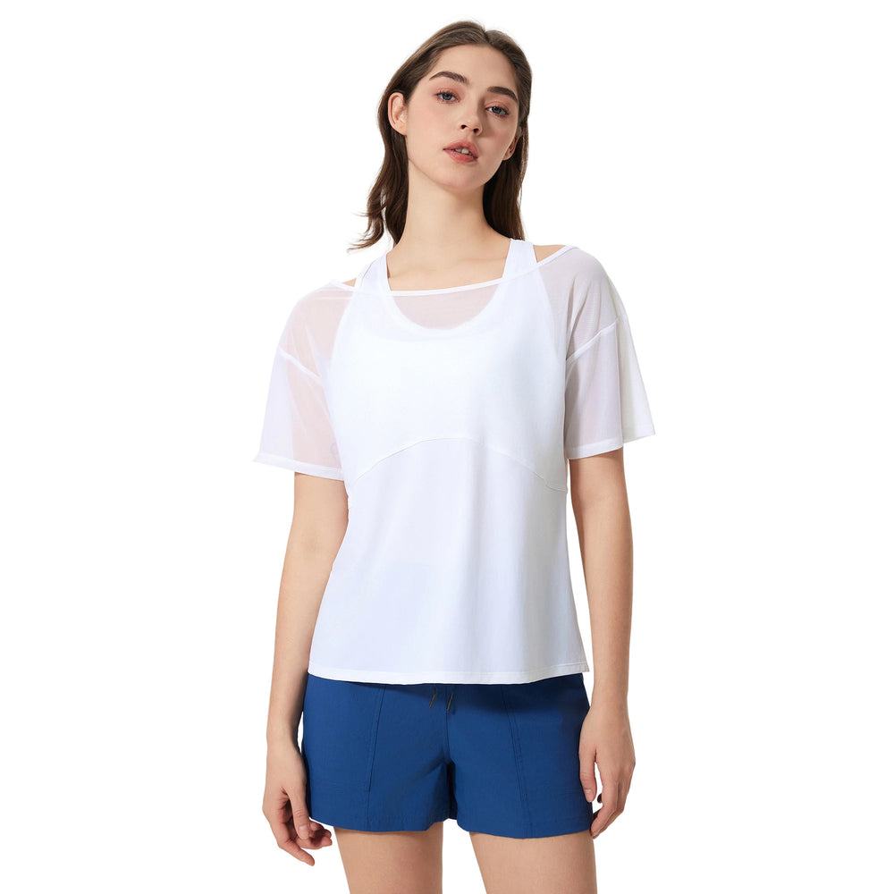 Women's loose-fit yoga top - short sleeve activewear t-shirt, running cover-up, faux two-piece design, quick-dry & breathable workout top d25040