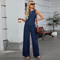 European and american cross-border e-commerce women's autumn new arrivals:  independent store washed solid color denim top and pants set