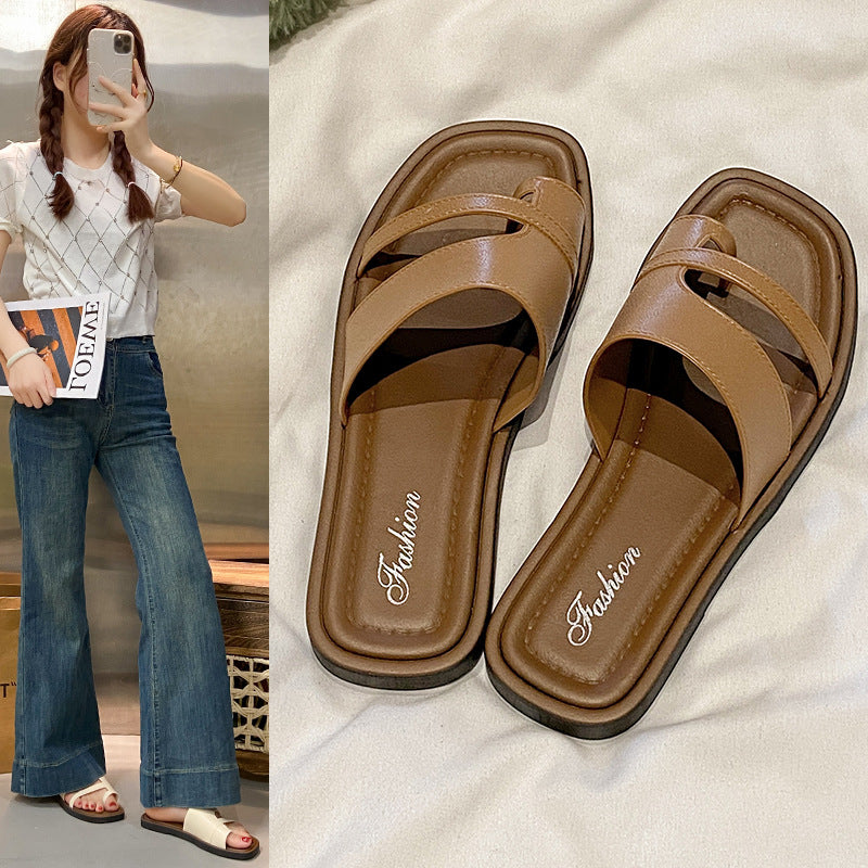 Toe-out slippers for women, french retronew arrival spring and summer k-style retrocasual vacation one-leg roman shoes
