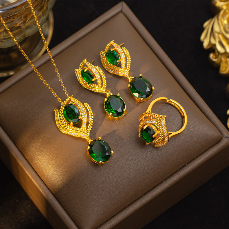 [set] internet celebrity popular emerald geometric titanium steel earrings necklace for women, light luxury high-end ring clavicle chain