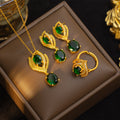 [set] internet celebrity popular emerald geometric titanium steel earrings necklace for women, light luxury high-end ring clavicle chain