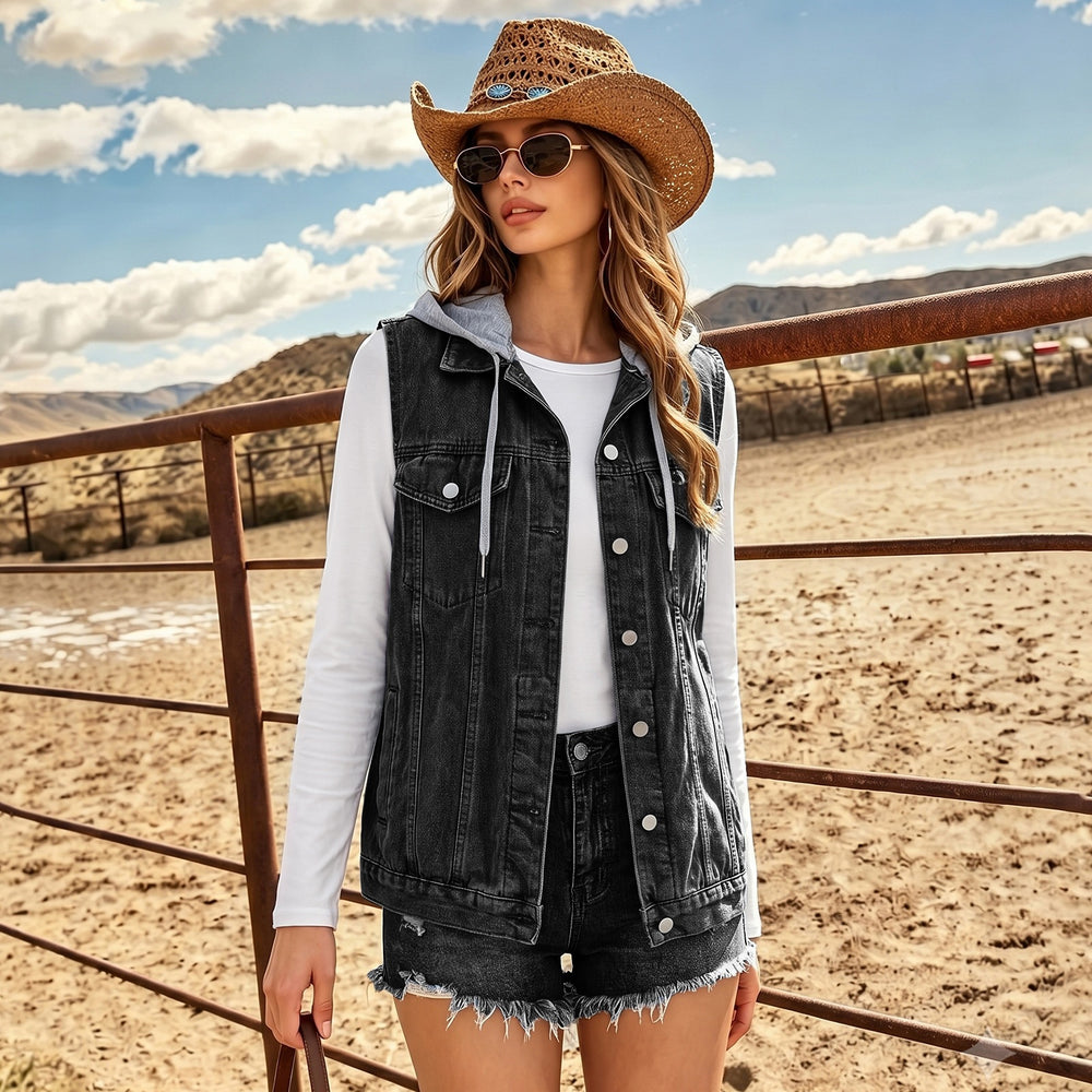 European and american cross-border foreign trade  hooded detachable single-breasted double-pocket washed layered denim vest
