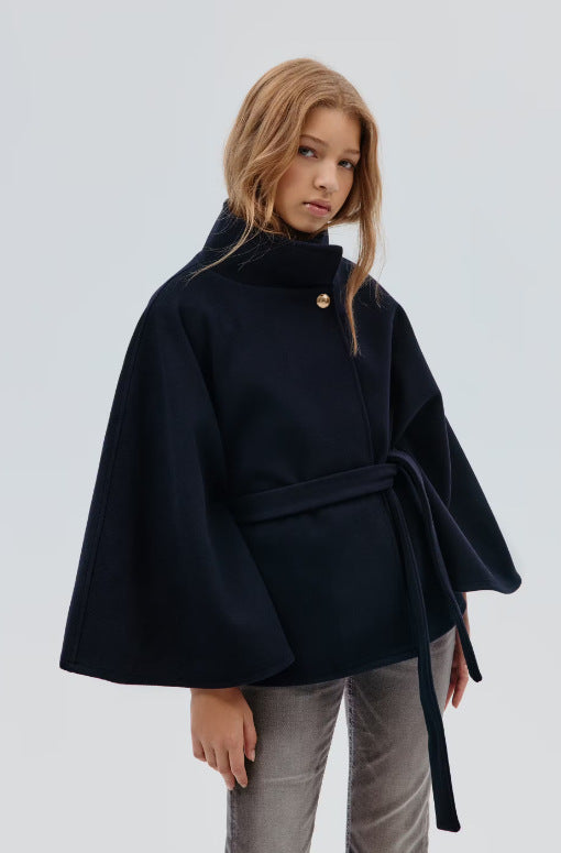 Ready-to-ship  european and american new autumn/winter long-sleeved wool blend shawl coat with tie closure