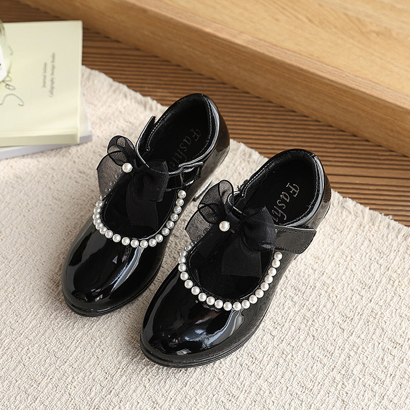 Girls' shiny leather mary janes - new spring/autumn  collection - beaded bow princess shoes - trendy kids' fashion flats