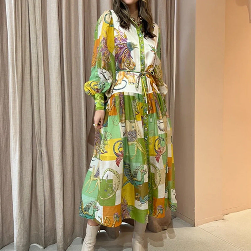 cross-border e-commerce european and american women's clothing: new summer collection - lantern sleeve printed collar, cinched waist, and flared maxi dress