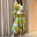 cross-border e-commerce european and american women's clothing: new summer collection - lantern sleeve printed collar, cinched waist, and flared maxi dress