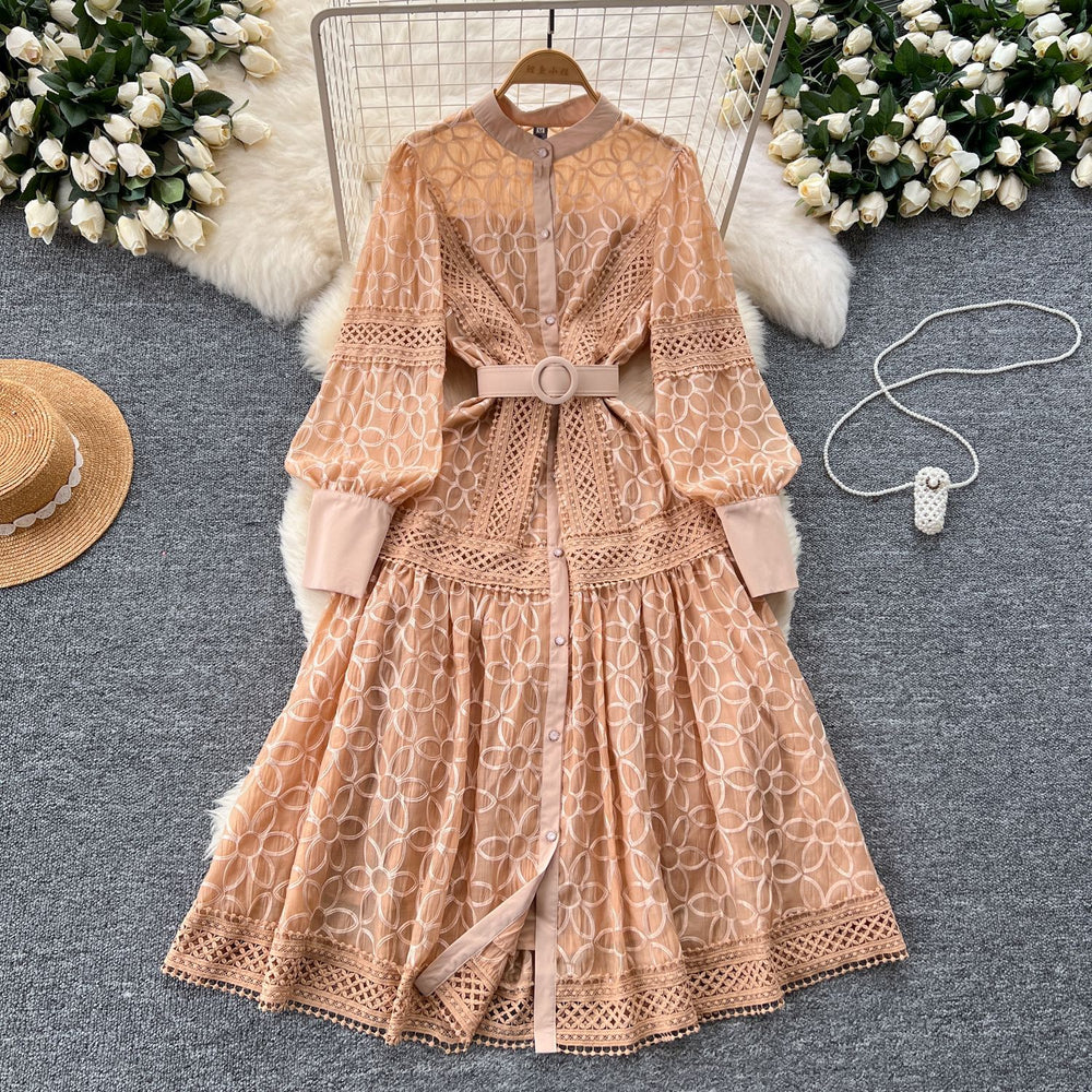 Palace style dress for women spring new frencheleganceembroider lantern sleeves waist single breasted large hem long skirt