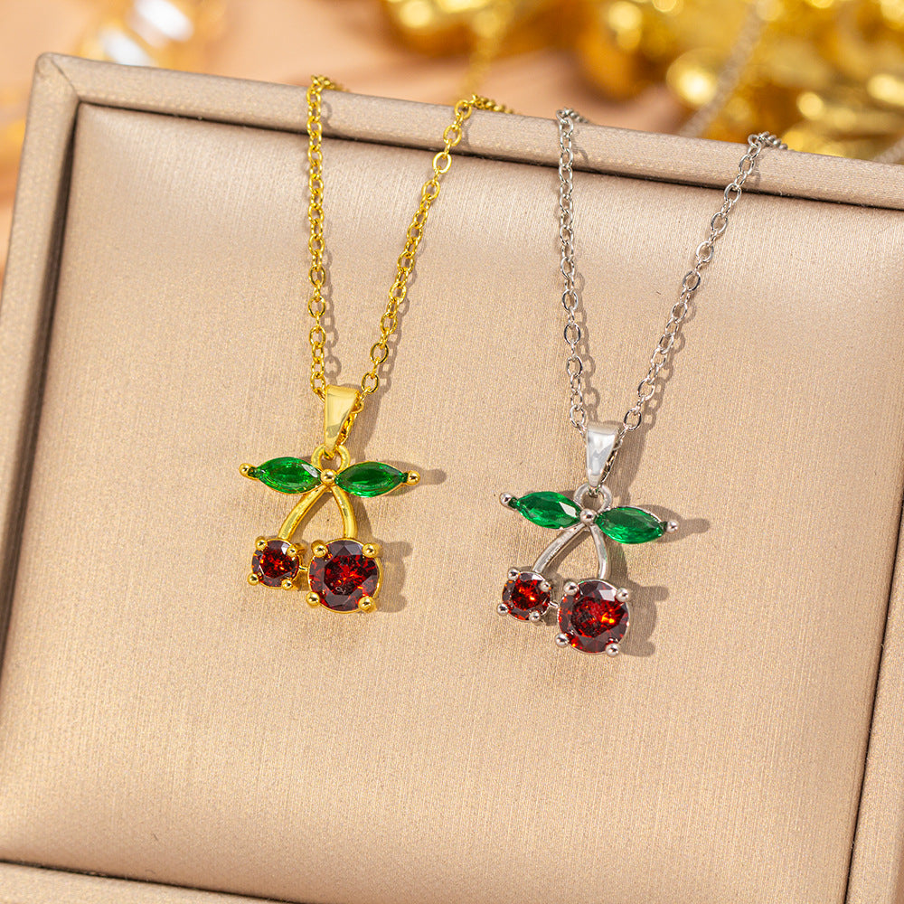 [titanium steel] japanese and korean cross-border popular cherry necklace for women, versatile, fashionable and high-end inlaid clavicle chain accessories