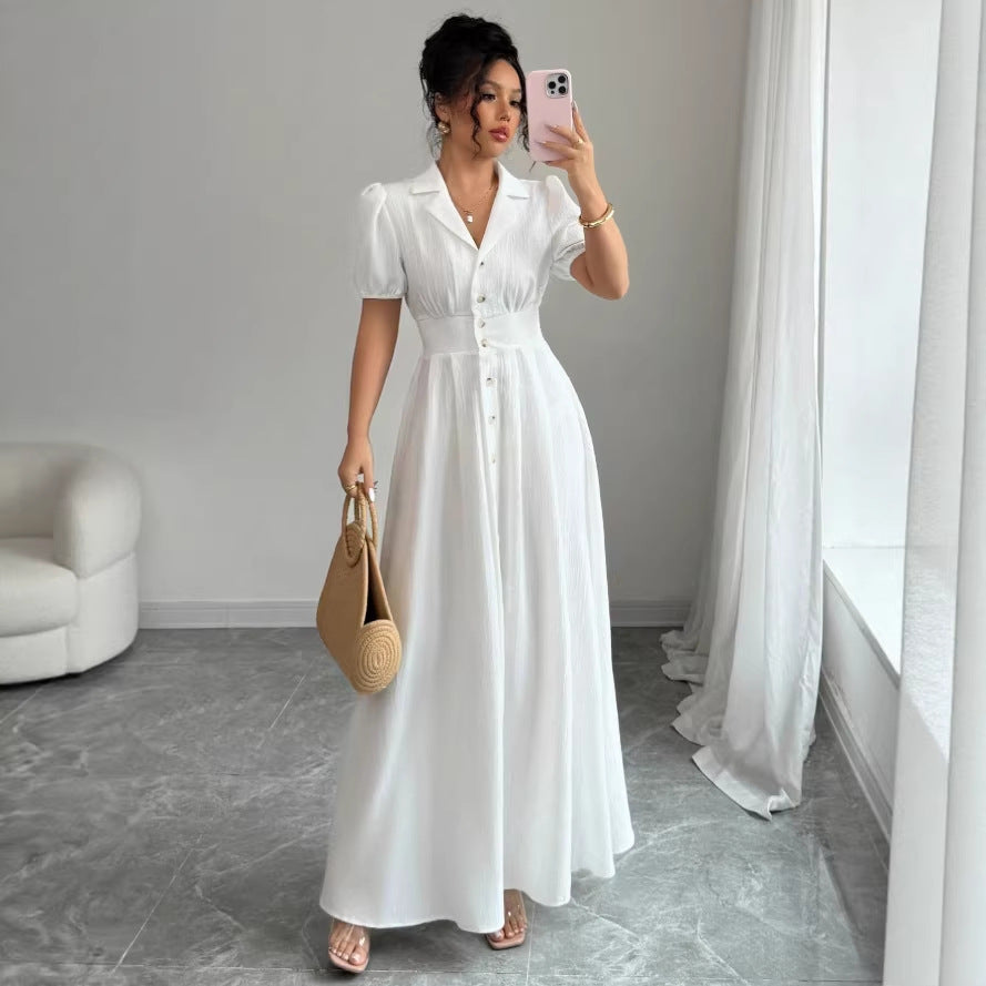 new french-style elegant fitted v-neck white maxi dress