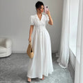 new french-style elegant fitted v-neck white maxi dress