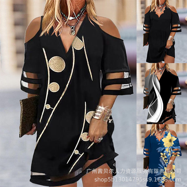 Foreign trade 2023 European and American off-the-shoulder v-neck mesh splicing printing casual dress large size dress LPU3649