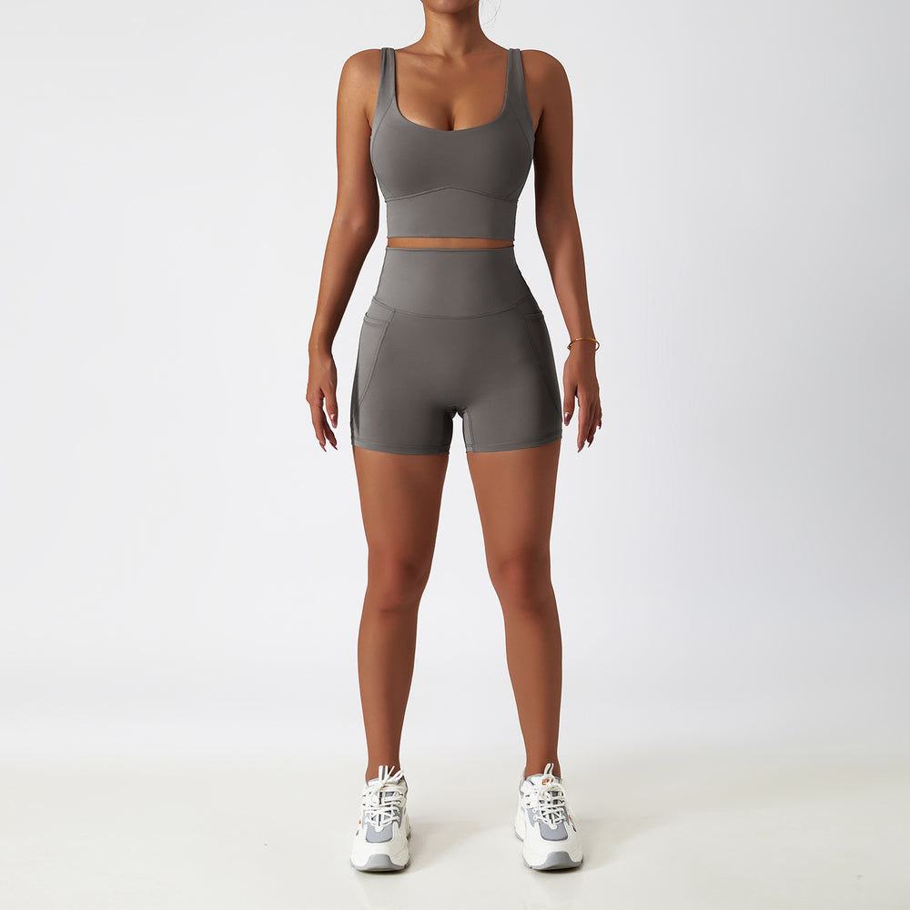 breathable quick-drying tight-fitting yoga clothes flap pocket pants running sports suit diagonal shoulder naked fitness suit6425