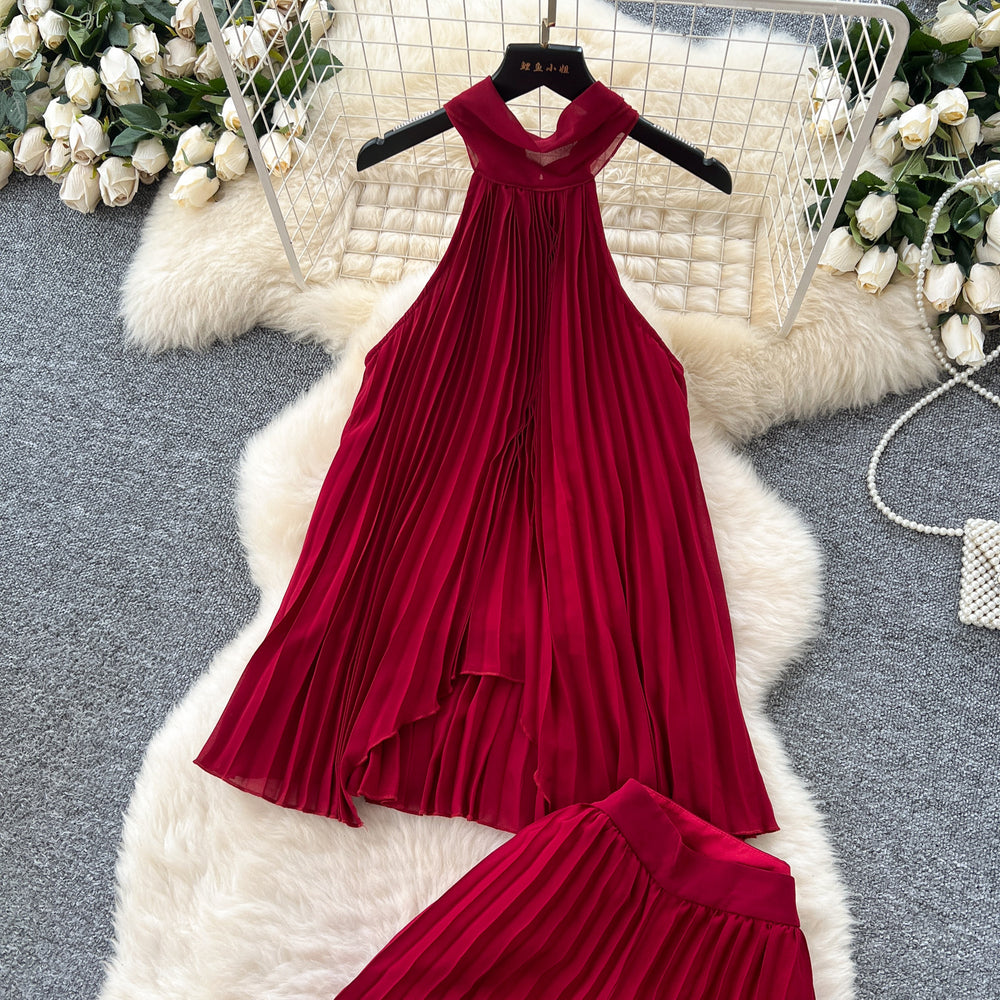 Pure desire vacation suit women's atmosphere halter strap asymmetrical pleated tops high waistloosecasual pants suit