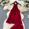 Pure desire vacation suit women's atmosphere halter strap asymmetrical pleated tops high waistloosecasual pants suit
