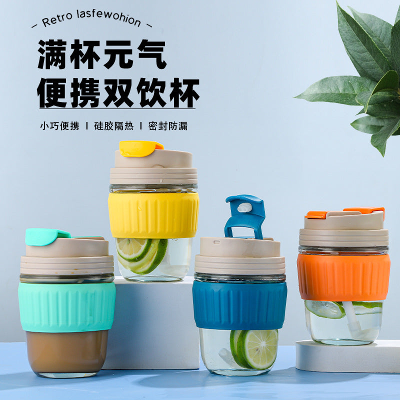 Double drinking cup glass cup high appearance casual water cup oven mitts heat insulation portable portable coffee cup gift cup straw