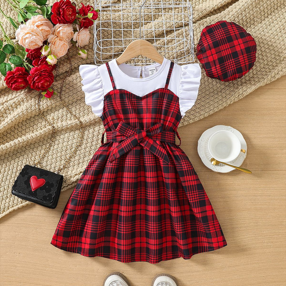 hot-selling girls' flutter sleeve crewneck plaid patchwork dress - cross-border exclusive