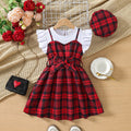 hot-selling girls' flutter sleeve crewneck plaid patchwork dress - cross-border exclusive