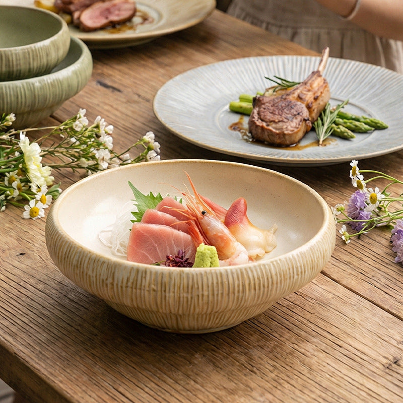 Retro kiln personalized ceramic for home dessert bowl noodle bowl restaurant hotel good-looking cooking bowl stripes ceramic bowl