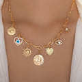 Wholesale devil's eye heart collarbone necklace - european & american cross-border jewelry - vintage embossed star, moon, and sunflower necklace