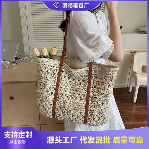 Cross-border summer new large-capacity straw woven bag, shoulder tote bag, women's versatile vacation bag, woven shopping bag