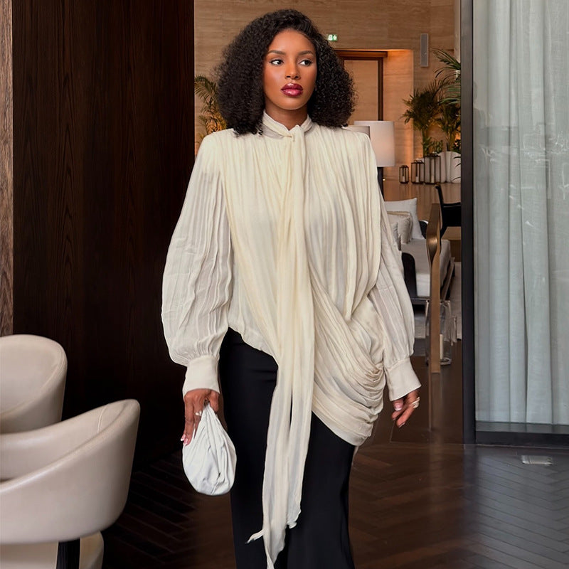 European and american cross-border women's fashion:  summer new arrivals - stylish, unique, pleated, loose-fit long sleeve shirt top