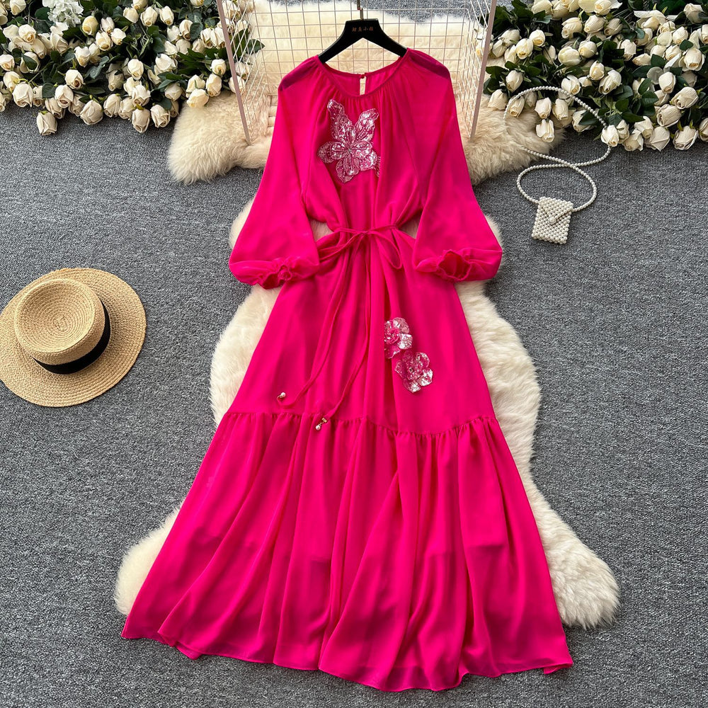 French chic embroidered sequin floral tie-waist lantern sleeve maxi dress - high-end women's fashion