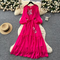 French chic embroidered sequin floral tie-waist lantern sleeve maxi dress - high-end women's fashion