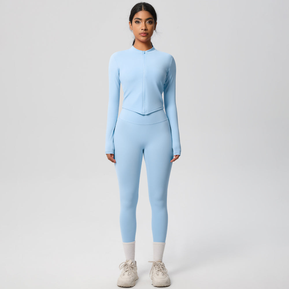 European and american quick-dry seamless zip-up workout set: high-waisted, butt-lifting yoga pants for women, perfect for outdoor running and fitness