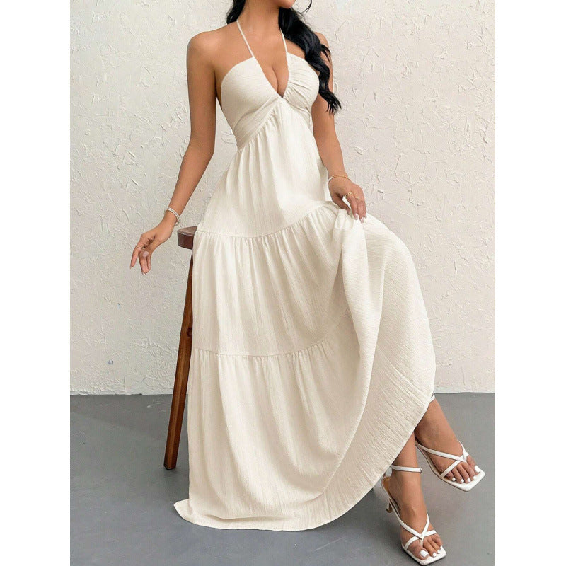 Ready-to-ship 1688 women's romantic beach vacation backless v-neck white pleated a-line dress