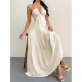 Ready-to-ship 1688 women's romantic beach vacation backless v-neck white pleated a-line dress