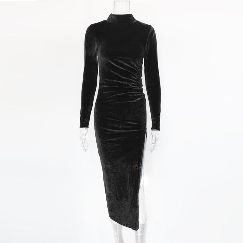 European and American fashion sexy dress skirt 2025 autumn and winter new elegant women's clothing turtleneck long-sleeved pleated split dress